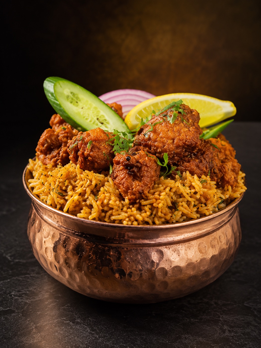 Chicken biryani piled high in a hammered copper handi