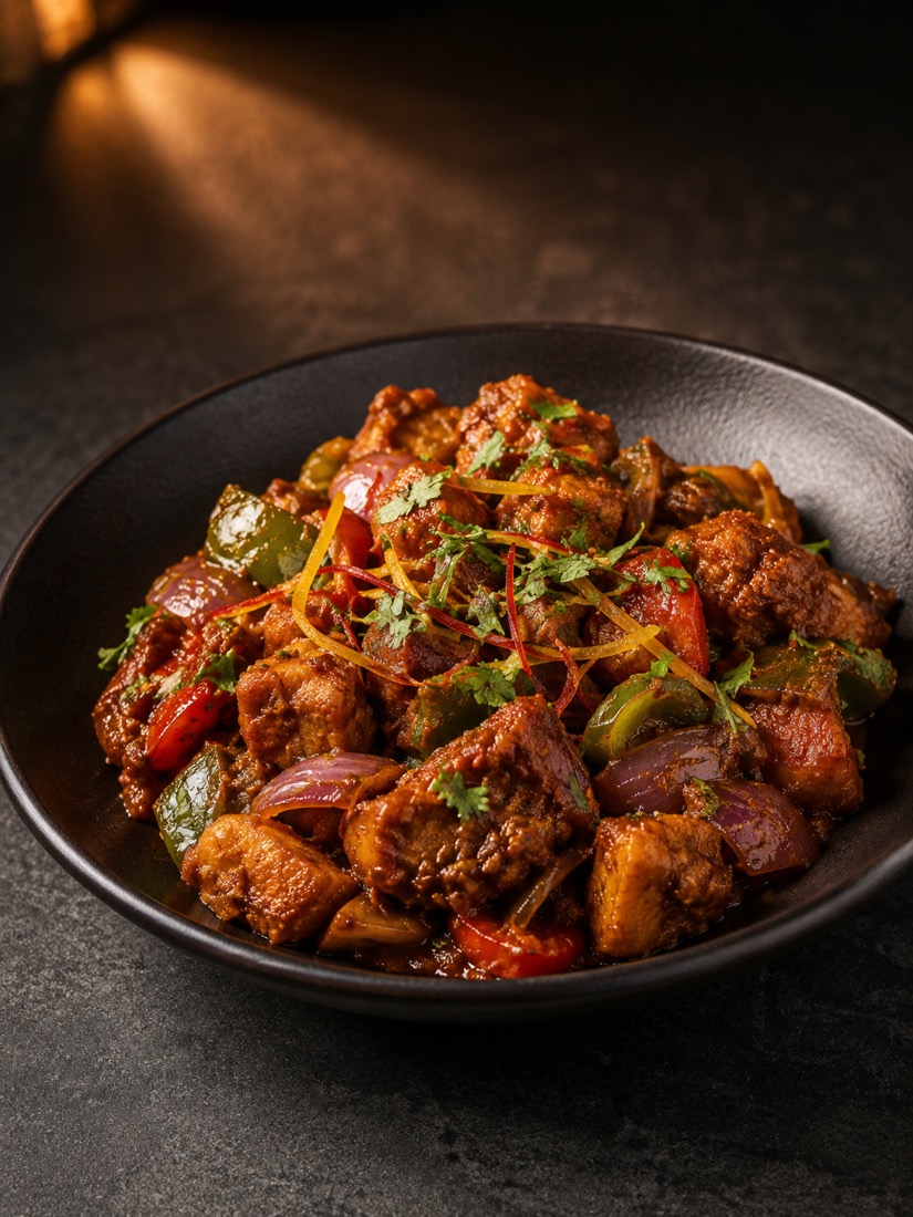 Chilli chicken tossed with capsicum and onion
