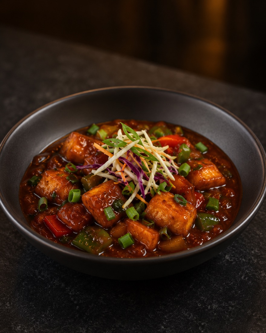 Chilli paneer in glossy sauce with slaw