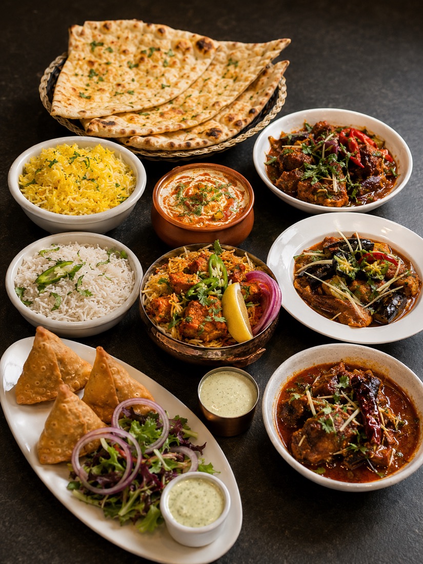 A shared feast of naan, saffron rice, biryani, samosas and curries