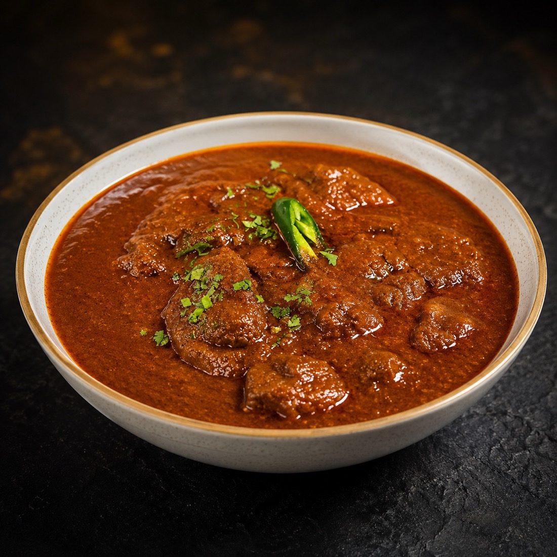 Chef's special goat curry garnished with green chilli and coriander