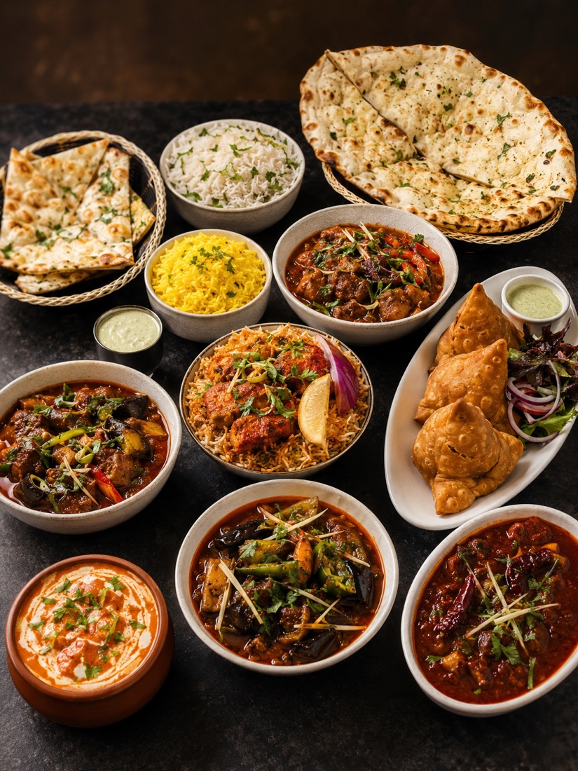 A generous spread of curries, biryani, naan and saffron rice