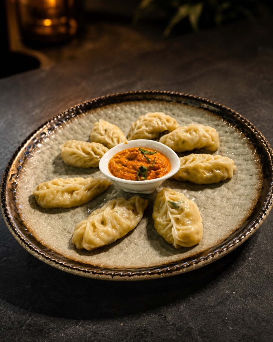 Steamed momos with dipping sauce
