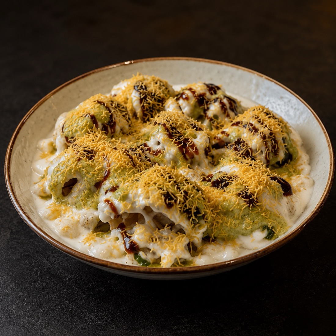 Papdi chaat layered with yoghurt, chutneys and sev